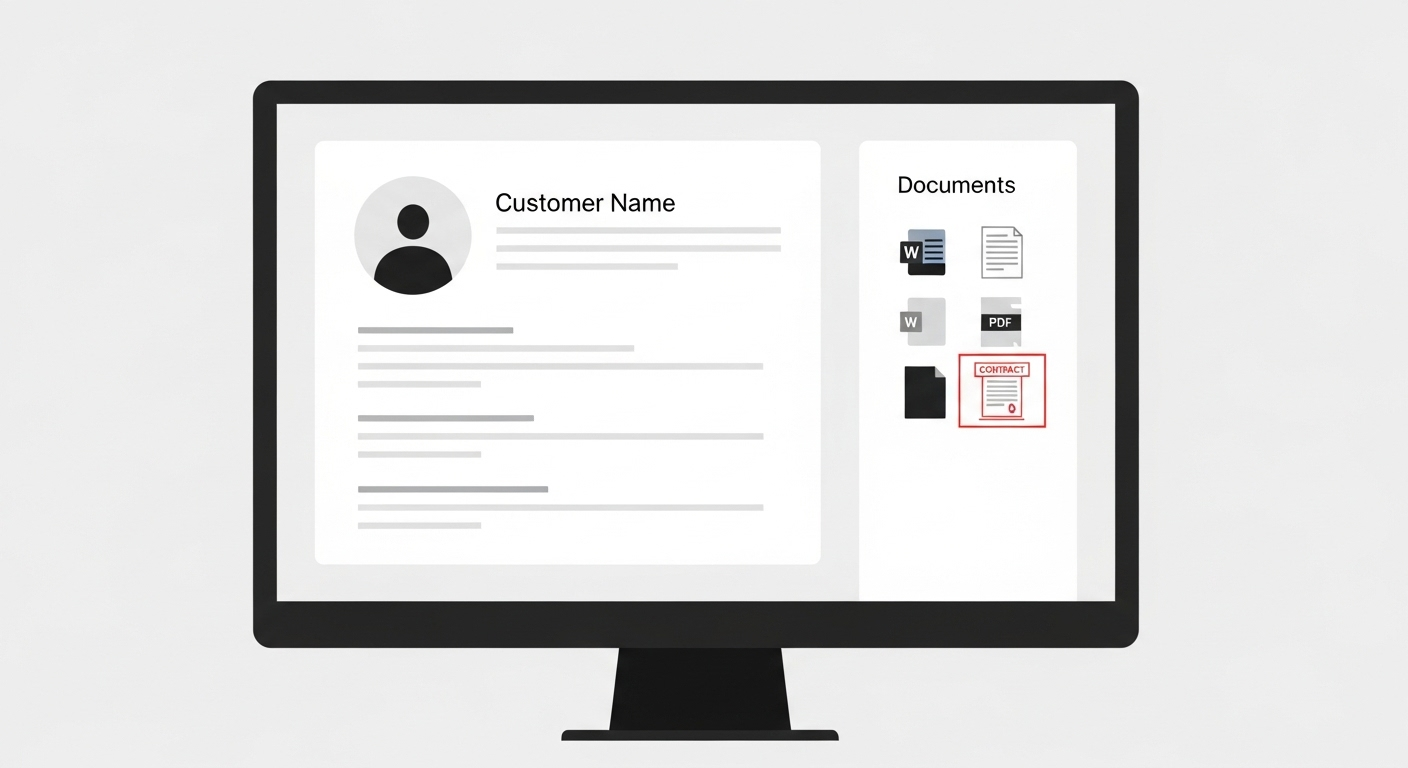 An illustration of a CRM interface showing how DMS integration makes all customer contracts and proposals available directly within the customer record.