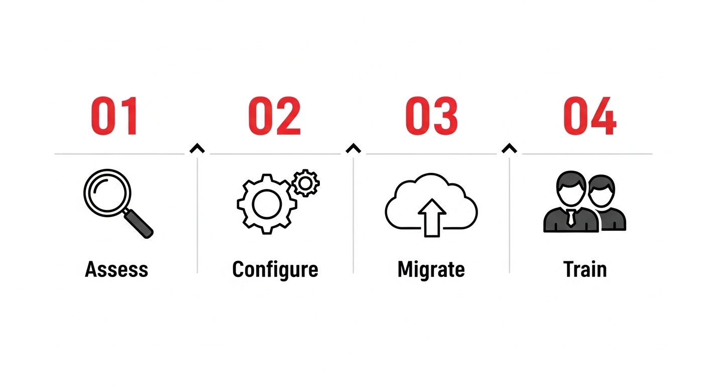 A 4-step roadmap infographic showing the process of implementing a secure document management system, from assessment to training.