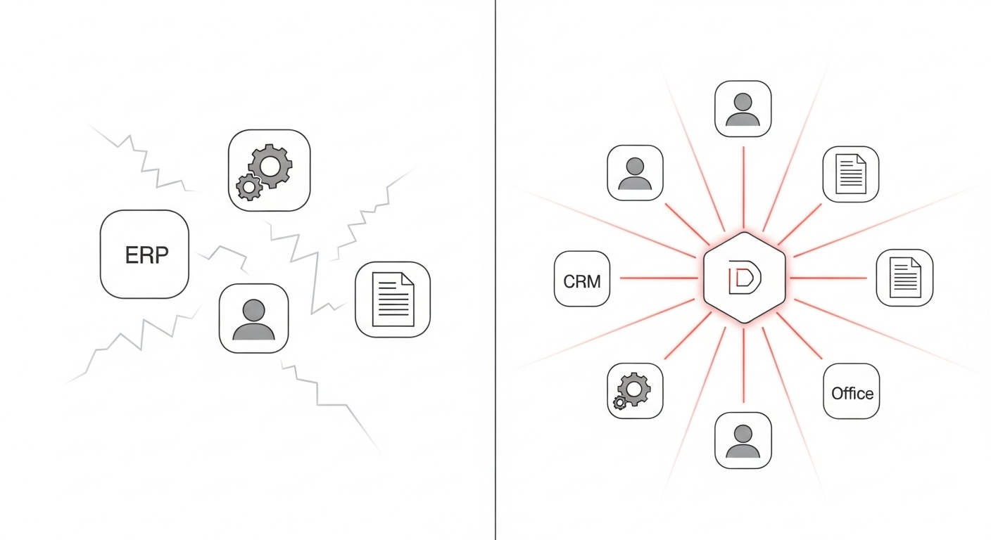 A diagram showing how document management software integration connects disconnected systems like ERP and CRM into a unified, automated workflow.