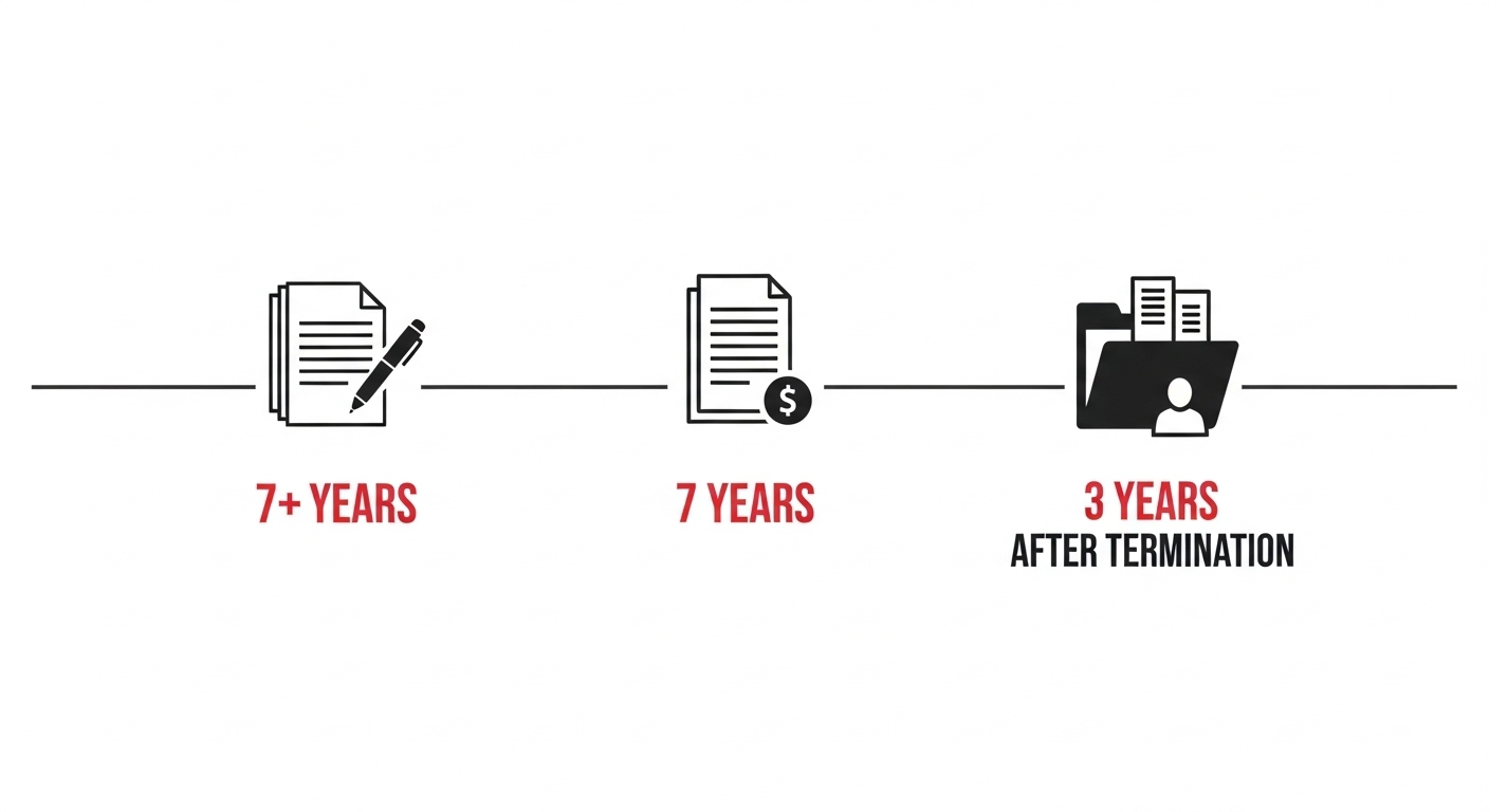A timeline infographic showing the different retention periods for key business documents like contracts, invoices, and employee records.