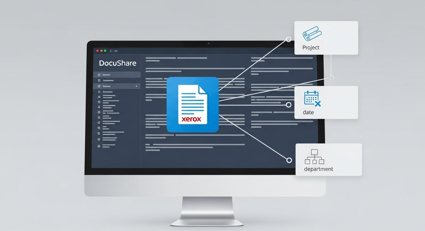Conceptual graphic of DocuShare's metadata search, showing a document organized by project, date, and department tags for advanced content management. (Source: Imagen 4)