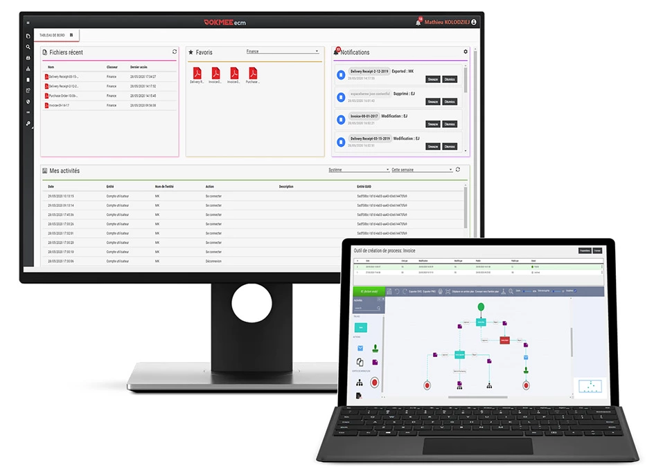 Dokmee’s ECM dashboard displaying recent files, user activity, notifications, and workflow creation tools for streamlined collaboration and tracking. (Source: Dokmee)